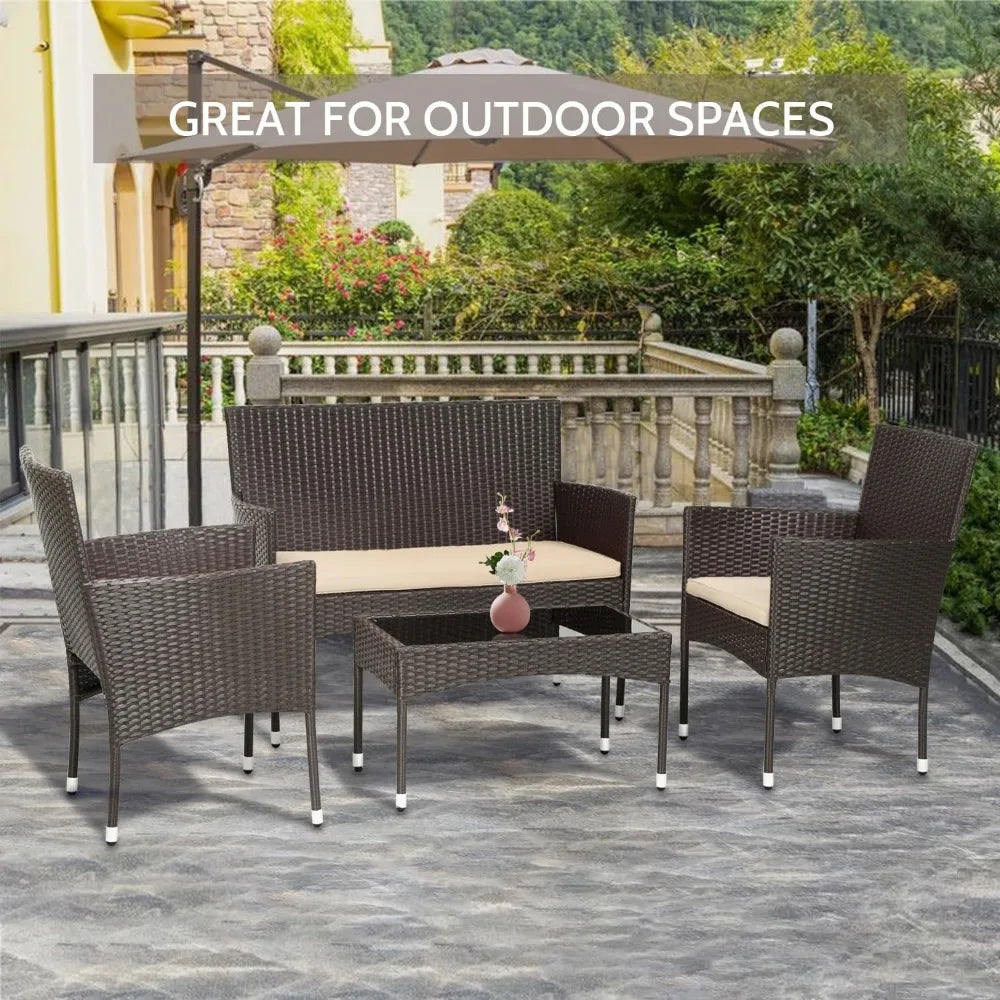 4-Piece Patio Bistro Set: Outdoor Rattan Wicker Chairs, Sofa and Glass-topped Table