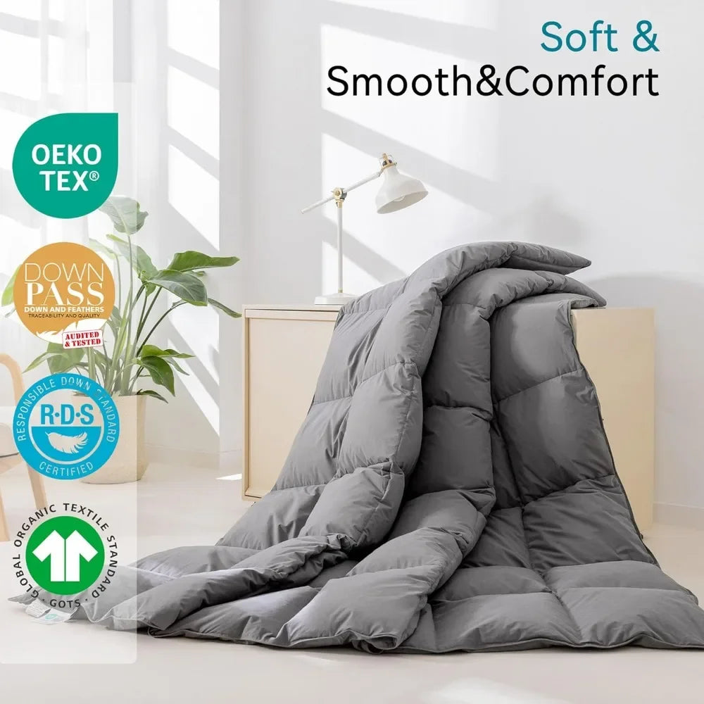 Goose Feather Down Comforter King Size,750+ Fill Power,1200TC,100% Organic Cotton Fabric,All Season Grey Duvet 8 Corner Tabs