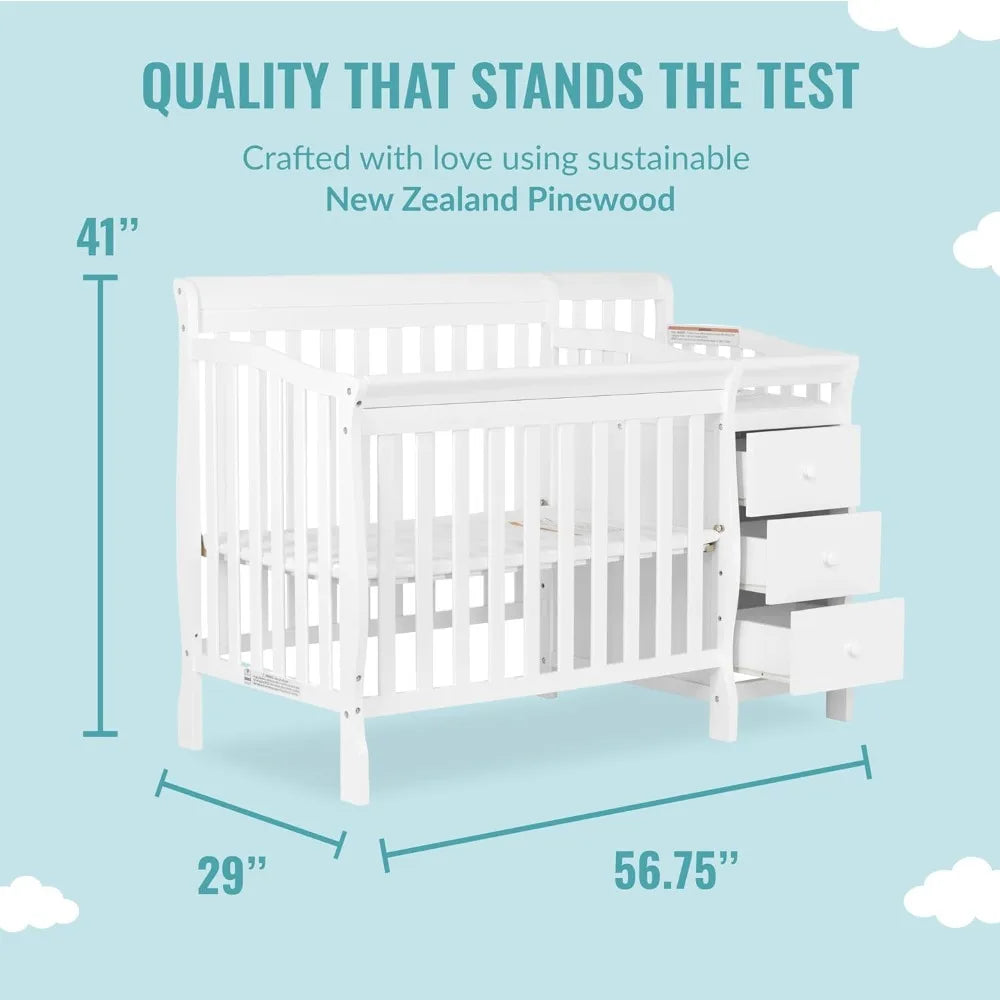 4-in-1 Mini Convertible Crib And Changer in White: Greenguard Gold Certified, Non-Toxic Finish, New Zealand Pinewood