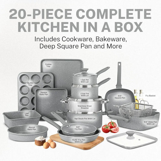 20-Piece Diamond Coated Nonstick Cookware Set: Non Toxic, Dishwasher Safe