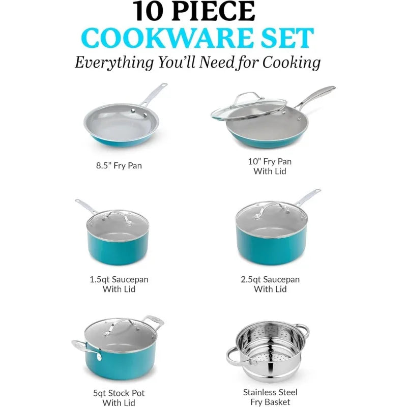 10-Piece Ceramic Cookware Set: Nonstick, Non Toxic, Dishwasher Safe, Aqua Blue or Red