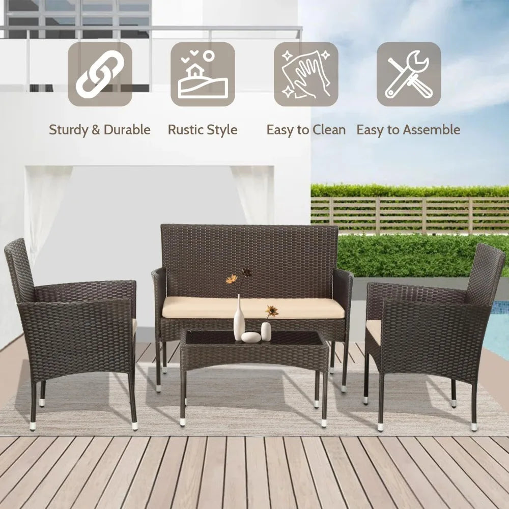 4-Piece Patio Bistro Set: Outdoor Rattan Wicker Chairs, Sofa and Glass-topped Table