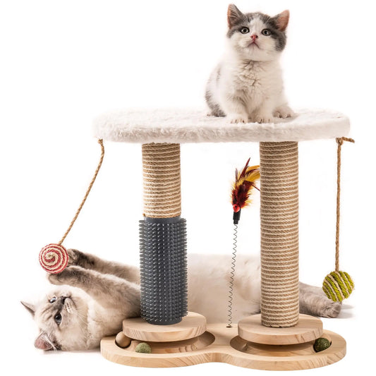 Indoor Cat Scratching Post with Soft Rabbit Fleece Perch and Interactive Toy Balls