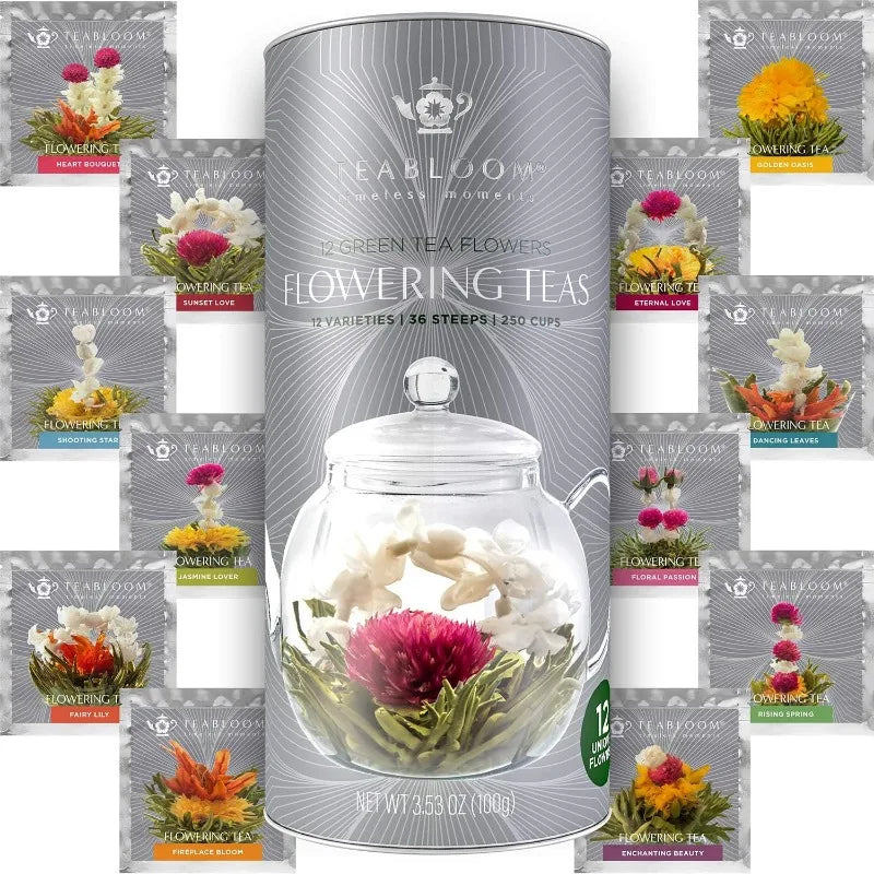 Complete Tea Set: Glass Teapot (40 OZ), Loose Tea Infuser, 4 Insulated Glass Teacups, Tea Warmer, and 12 Flowering Teas