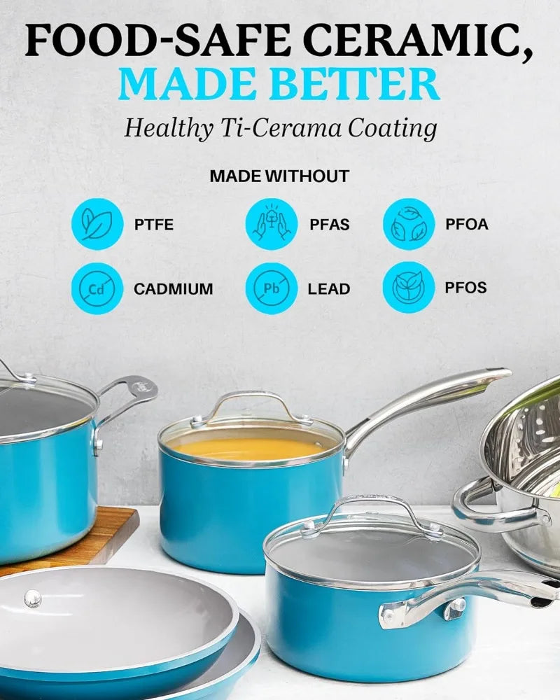 10-Piece Ceramic Cookware Set: Nonstick, Non Toxic, Dishwasher Safe, Aqua Blue or Red