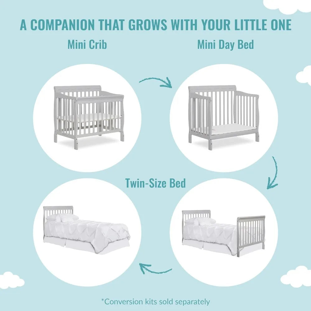 4-in-1 Convertible Mini Crib in Gray: Greenguard Gold Certified, Non-Toxic Finish, New Zealand Pinewood