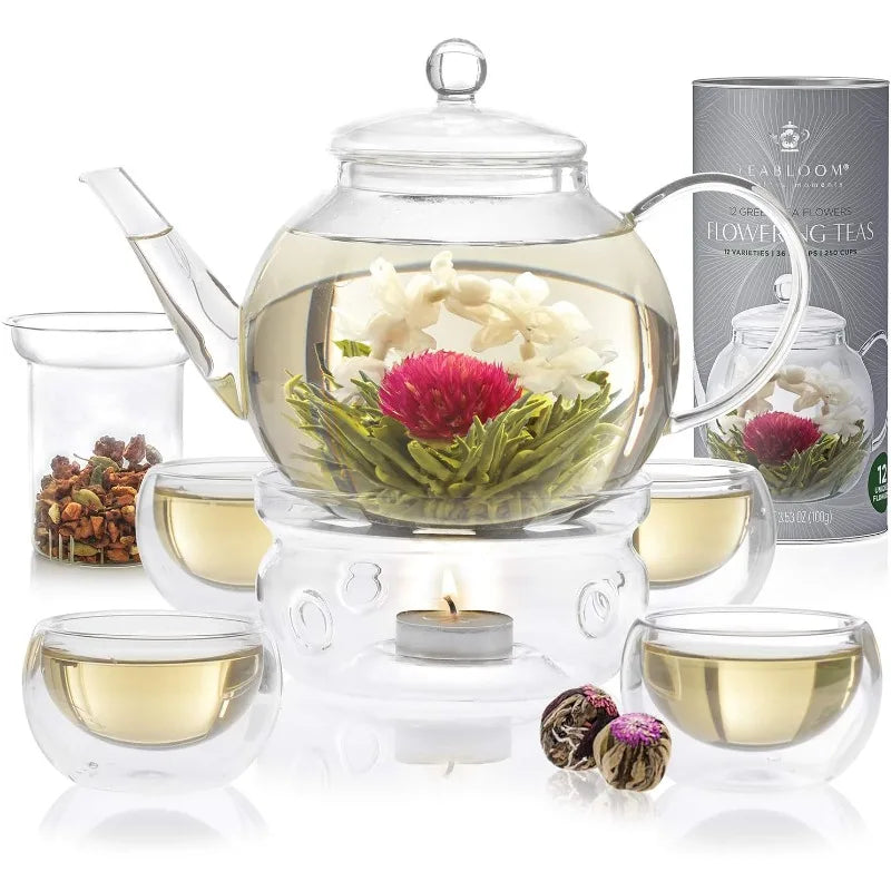 Complete Tea Set: Glass Teapot (40 OZ), Loose Tea Infuser, 4 Insulated Glass Teacups, Tea Warmer, and 12 Flowering Teas