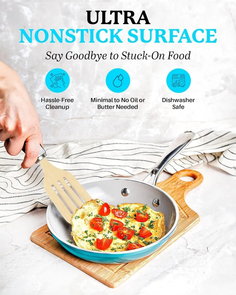 10-Piece Ceramic Cookware Set: Nonstick, Non Toxic, Dishwasher Safe, Aqua Blue or Red